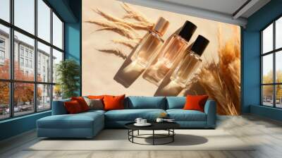 Two glass perfume samples with white brown liquid on wooden tray lying on beige background with pampas grass. Luxury and natural cosmetics presentation. Testers on woodcut in sunlight. Generative AI  Wall mural