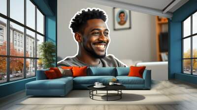 Happy African-American man video chatting at home isolated with white highlights, png Wall mural