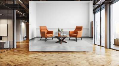 Horizontal no people shot of modern psychologist office interior in gray and brown colors with two chairs and coffee table isolated with white highlights, png Wall mural