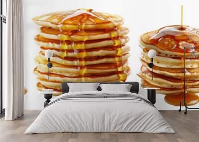 A stack of fluffy pancake with maple syrup isolated on transparent background, set of Wall mural