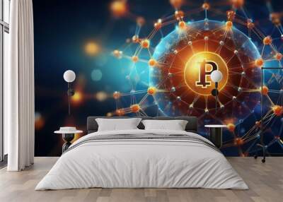 Abstract digital representation of cryptocurrency with a symbol, glowing connections, and a vibrant background. Modern finance theme. Wall mural