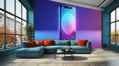 Modern smartphone displaying a vibrant biometric fingerprint scanner on a colorful illuminated background. Wall mural