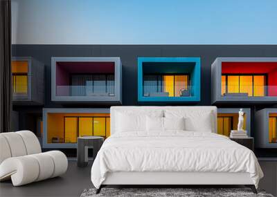 Colorful illuminated windows on modern building facade Wall mural