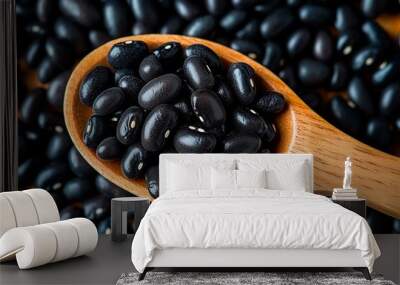 Black beans in a wooden spoon on a bed of dry beans Wall mural