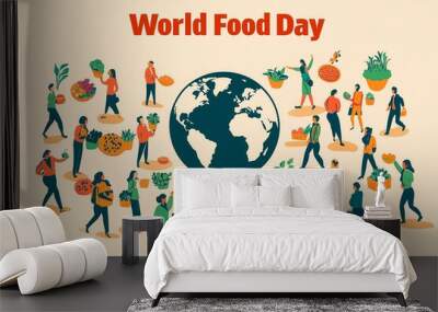 Celebrating World Food Day with diverse people engaging in food-related activities around the globe Wall mural