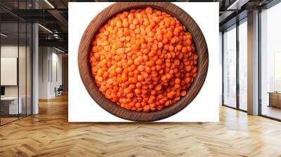 Close-up view of red lentils in a wooden bowl, transparent background, png image, top view Wall mural