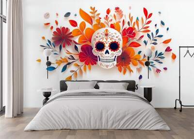 Colorful Día de los Muertos skull surrounded by vibrant flowers and leaves for a cultural celebration Wall mural