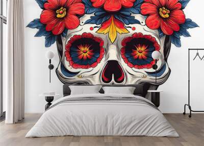 Colorful skull adorned with vibrant flowers, blending artistry and cultural elements Wall mural