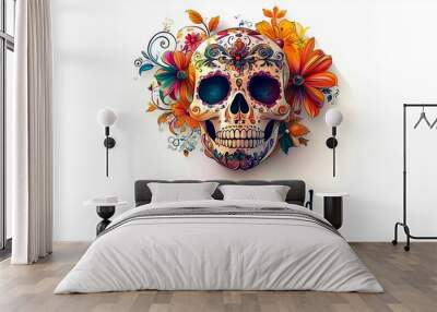 Colorful skull representing the Day of the Dead celebration with floral decorations and intricate details Wall mural