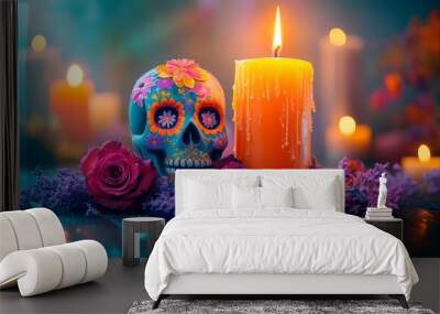 Colorful sugar skull adorned with flowers and candles for celebration Wall mural