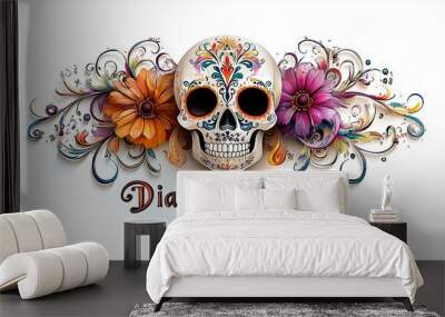 Colorful sugar skull design with flowers for Día de los Muertos celebration Wall mural