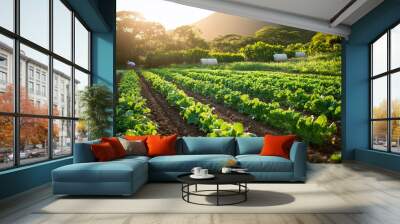 Lush vegetable rows at sunset on a tranquil farm surrounded by mountains, copy space for text Wall mural