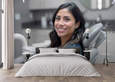 Smiling Woman Sitting In Dental Chair, copy space for text, dental office advertising Wall mural