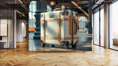 Stylish vintage suitcase stands alone in a busy train station interior, travel advertise, tourism advertising, copy space for text, tour advert Wall mural