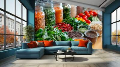 Variety of colorful vegetables and legumes in jars arranged on a wooden table in a bright kitchen setting, space for text, vegan nutrition, vegan recipes Wall mural