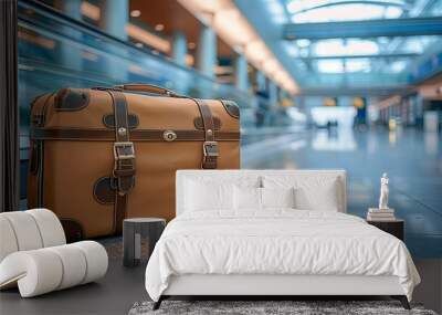 Vintage leather suitcase on the moving walkway at an airport terminal, travel advertise, tourism advertising, copy space for text, tour advert Wall mural