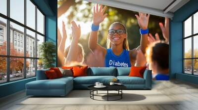 Young woman cheering with a group during a diabetes awareness event, World Diabetes Day awareness, copy space for text Wall mural