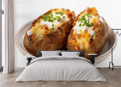 Two Loaded Baked Potatoes With Cheese, Bacon, and Sour Cream on a White Plate Wall mural