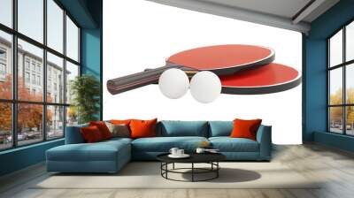 Two Red And Black Table Tennis Paddles With Two White Balls Isolated On White Background Wall mural