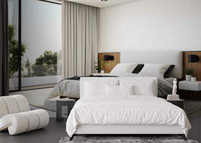 A modern minimalist bedroom with a Scandinavian design. It includes a queen-sized bed with white linens, two sleek black bedside tables, a potted plant, and floor-to-ceiling windows with sheer white c Wall mural