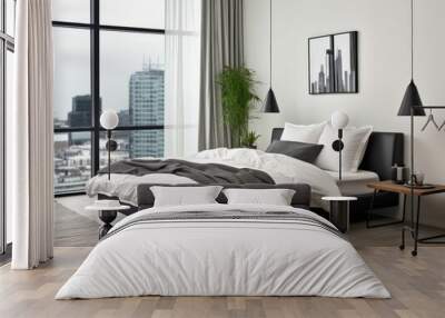 A modern minimalist bedroom with a Scandinavian design. It includes a queen-sized bed with white linens, two sleek black bedside tables, a potted plant, and floor-to-ceiling windows with sheer white c Wall mural