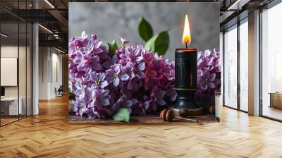 Lilac spring flowers with burning black candle. Occult, esoteric and divination still life. Halloween background with vintage objects and magic ritual isolated with white highlights, png Wall mural