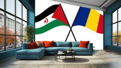 Sahrawi and Romania Flags Crossed And Waving Flat Style. Official Proportion. Correct Colors. Wall mural