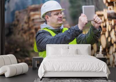 Lumberjack with tablet PC near piles of logs in forest Wall mural