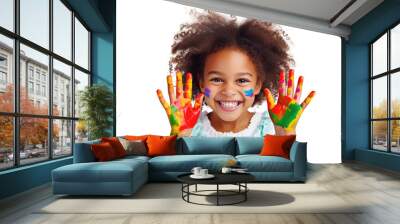 African American Cute Girl Smile With Painted Hands Isolated On PNG Transparent And White Background Wall mural