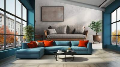 Rustic sofa near grey wall with two frames against Wall mural