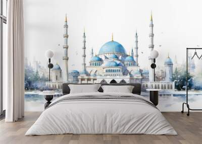 Watercolor Painted Islamic Mosque Isolated On PNG Transparent And White Background Wall mural