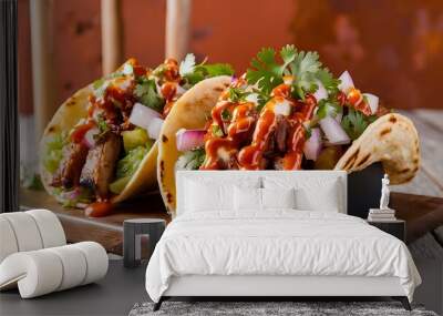 A mouthwatering close-up food photography featuring a colorful array of tacos Wall mural