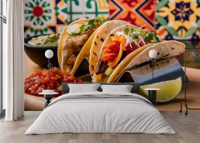 A mouthwatering close-up food photography featuring a colorful array of tacos Wall mural