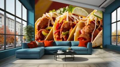 A mouthwatering close-up food photography featuring a colorful array of tacos Wall mural