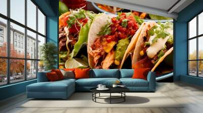 A mouthwatering close-up food photography featuring a colorful array of tacos Wall mural