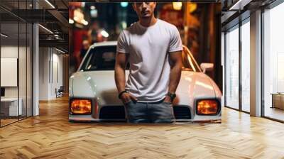 Neon Noir Young Man in White T Shirt by Classic Car in City Night Wall mural