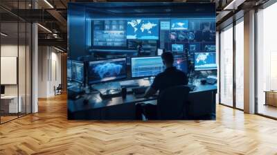 network security team in a cutting-edge control room, seeking potential cyber vulnerabilities Wall mural