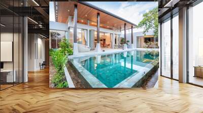 home or house building Exterior and interior design showing tropical pool villa with green garden and bedroom Wall mural