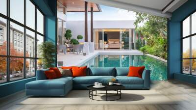 home or house building Exterior and interior design showing tropical pool villa with green garden and bedroom Wall mural