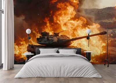 A tank is on fire in a desert. War Concept. Armored vehicles. Tanks battle The fire is so intense that it is almost impossible to see the tank Tank against the background of fire, smoke and explosions Wall mural