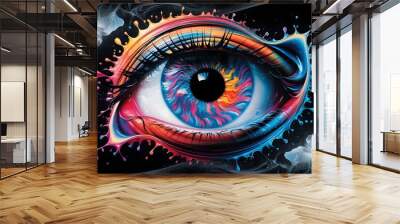 Colorful eye. Abstract hipnotizing eye. A painted artwork pop art style. Colorful eye with abstract background. Psychedelic eye painting, Colorful eye painting.  Single Eye Gazes Out from a Vibrant BG Wall mural