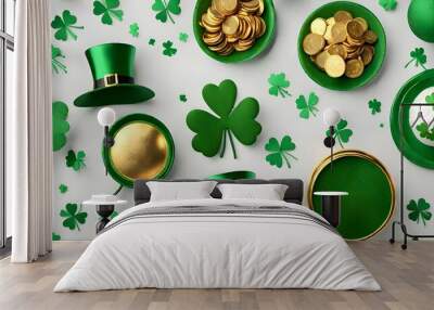 St. Patrick's Day abstract green leaf, Shiny green hat, gold coins and clover leaves, Green st patrick's day background with clovers copy space, St. Patrick's day concept. Generative AI illustration Wall mural