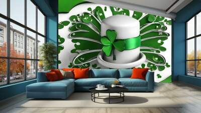 St. Patrick's Day abstract green leaf, Shiny green hat, gold coins and clover leaves, Green st patrick's day background with clovers copy space, St. Patrick's day concept. Generative AI illustration Wall mural