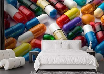 Variety of colorful pills and capsules. Assorted Antibiotics Capsules and Pills for Pharmaceutical Treatment. medicine or supplements such as capsules or tablets placed on a white surface. Wall mural