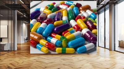 Variety of colorful pills and capsules. Assorted Antibiotics Capsules and Pills for Pharmaceutical Treatment. medicine or supplements such as capsules or tablets placed on a white surface. Wall mural