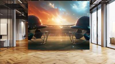 World Cup Cricket Two helmets of opposing teams are shown in a stadium Poster Cricket league poster cricket tournament banner cricket league banner cricket tournament poster cricket match banner Wall mural