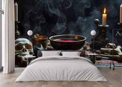 Ritual bowl with blood on the table. Mystic background with occult and magic objects on ritual altar. Human skull, bones and ingridients for rituals isolated with white highlights, png Wall mural