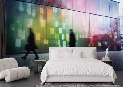 Blurred people in a rush pass in front of a modern building with colorful glass walls. Wall mural