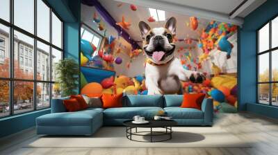 Playful Frenchie bulldog in the room full of toys Wall mural