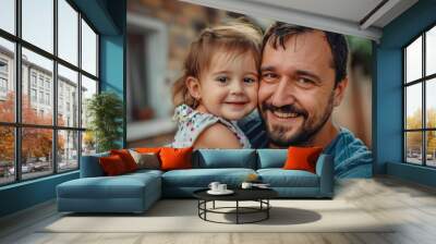 portrait of happy father and his daughter. fun, love, happiness at home, generative ai Wall mural